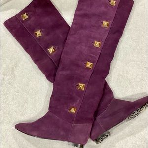 KATHRYN AMBERLEIGH Boots Purple w/GOLD Buttons Over The Knee Suede Boots